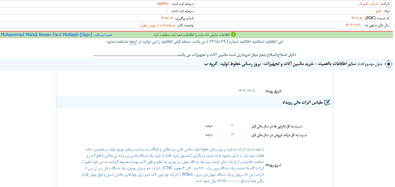 تکنو از خرید ماشین آلات و تجهیزات خبر داد