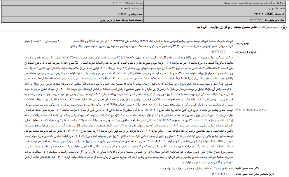 عدم حصول نتیجه از برگزاری مزایده شوینده