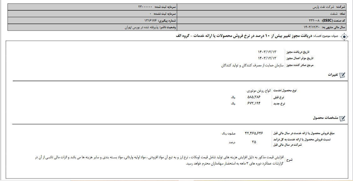 تغییر بیش از ۱۰ درصد در نرخ فروش محصولات شنفت