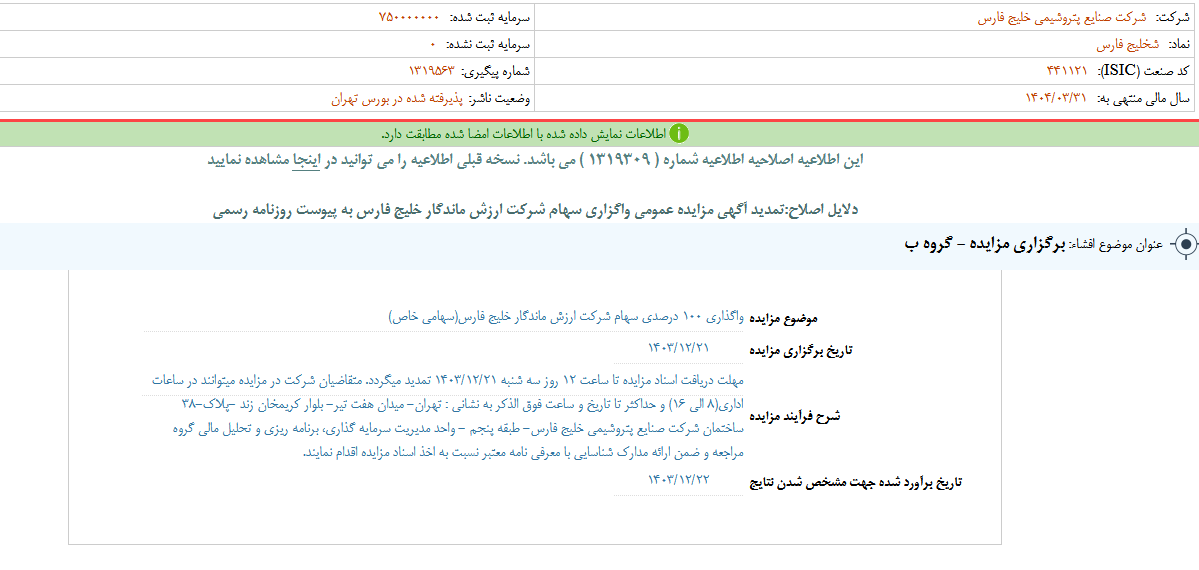 فارس آگهی مزایده را تمدید کرد