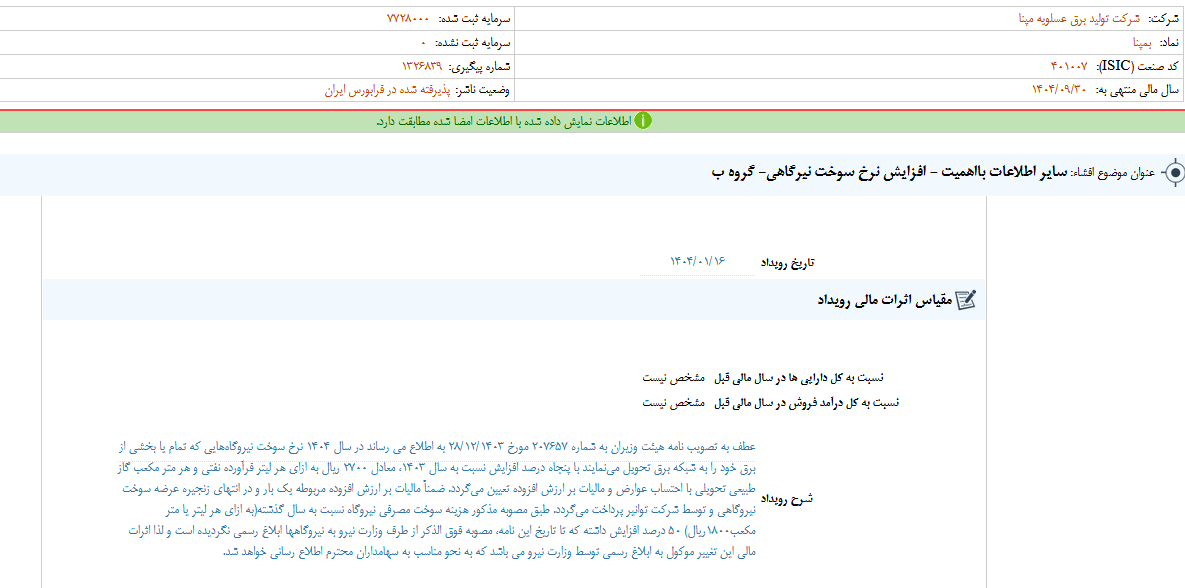 افزایش نرخ سوخت نیروگاهی بمپنا