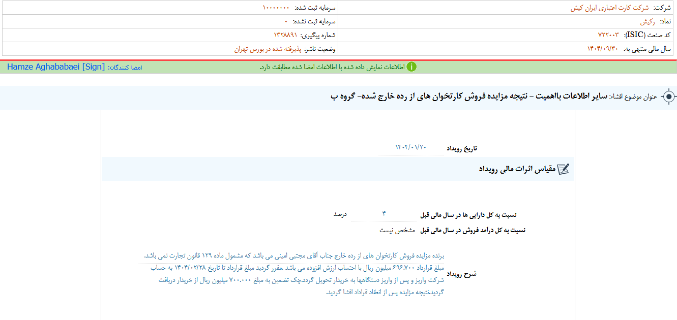 نتیجه مزایده فروش کارتخوان های از رده خارج رکیش