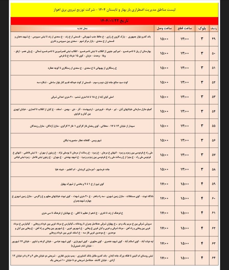 جدول خاموشی برق اهواز جمعه ۲۲ فروردین