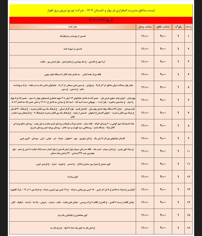 جدول خاموشی برق اهواز جمعه ۲۲ فروردین