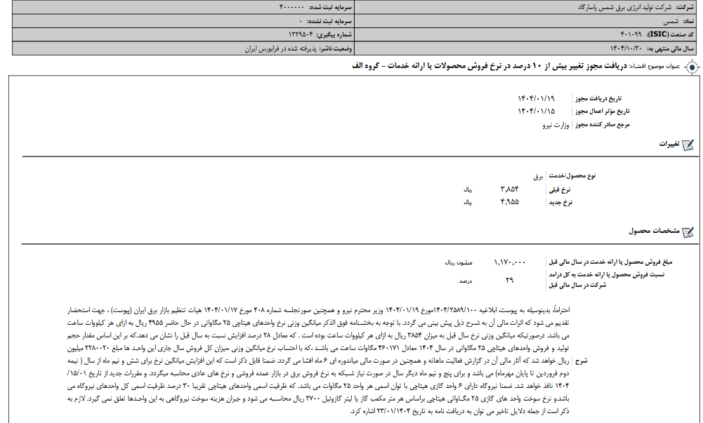تغییر در نرخ فروش محصولات شمس