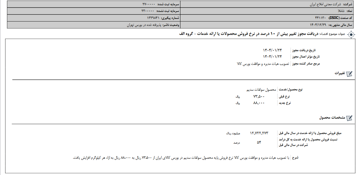 شاملا مجوز تغییر در نرخ فروش محصولات را گرفت