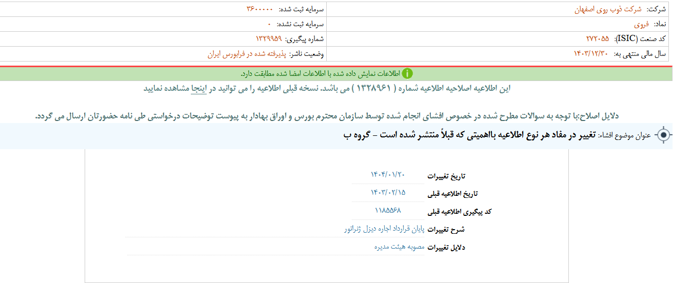 تغییر در مفاد اطلاعات با اهمیت فروی