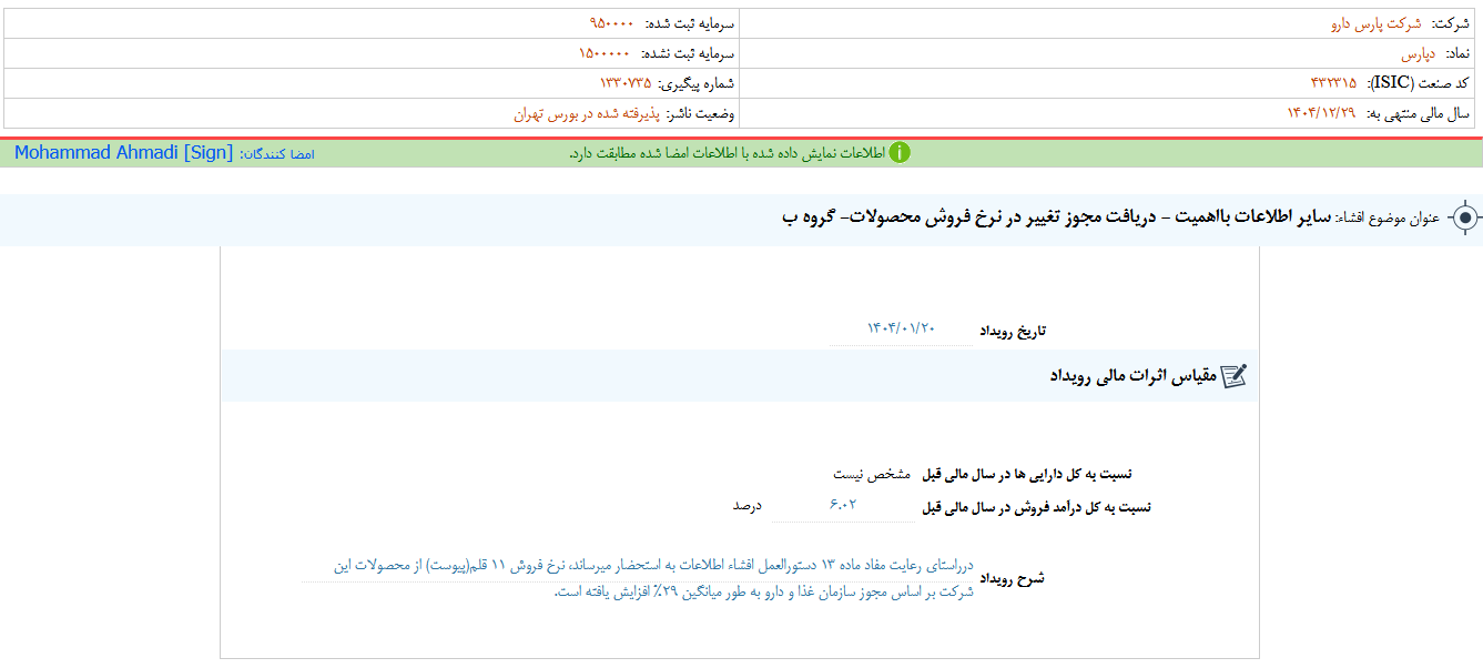تغییر نرخ فروش ۱۱ قلم از محصولات دپارس