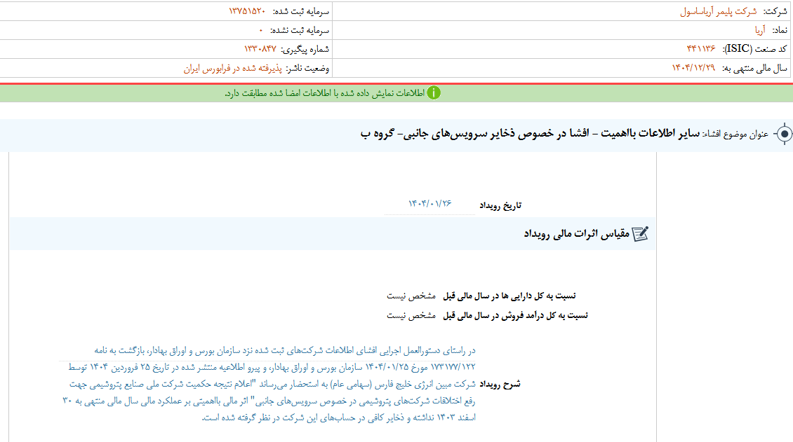 توضیحات آریا در خصوص ذخایر سرویسهای جانبی