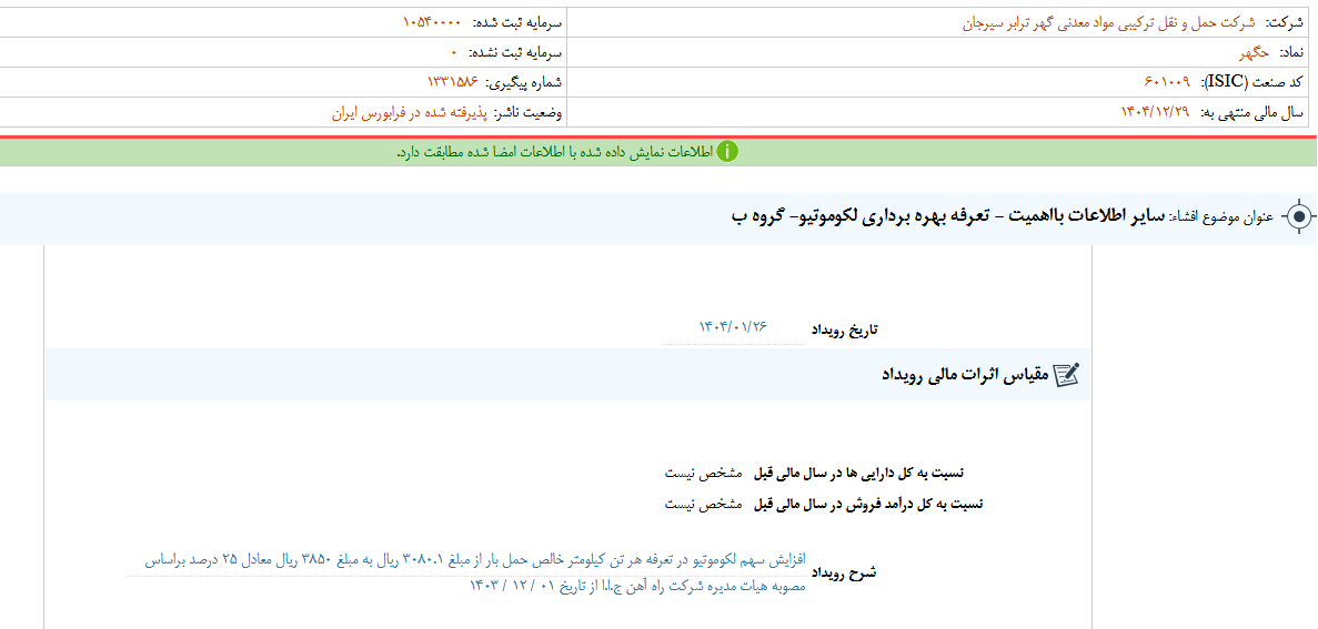 تعرفه بهره برداری لکوموتیو حگهر