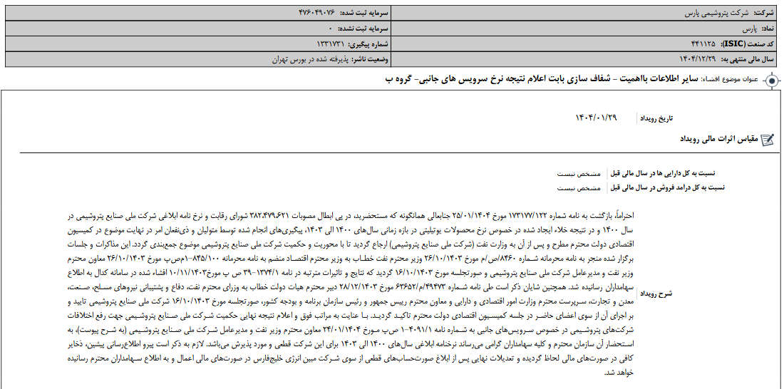 شفاف سازی پارس از اعلام نتیجه نرخ سرویس های جانبی