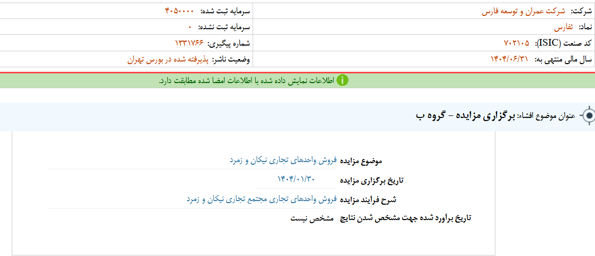 ثفارس مزایده برگزار می کند