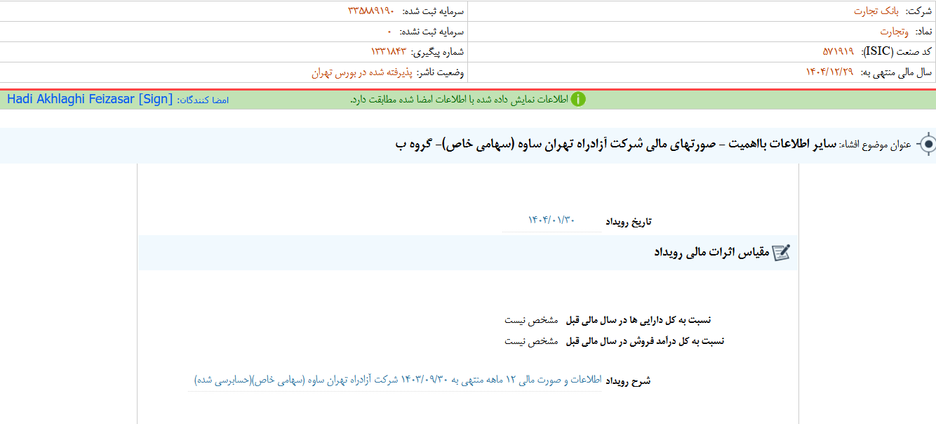 گزارش وتجارت از صورتهای مالی شرکت آزاد راه تهران ساوه
