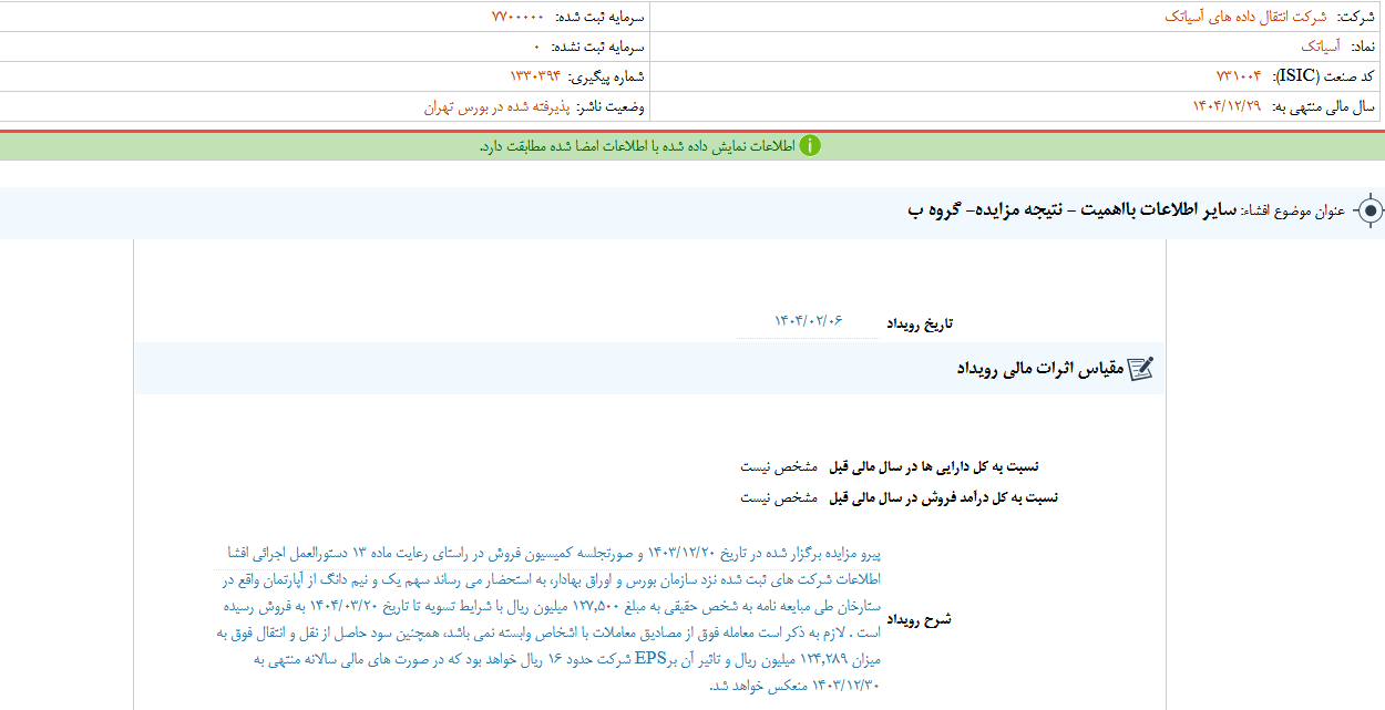 اسیاتک درباره نتیجه مزایده توضیح داد