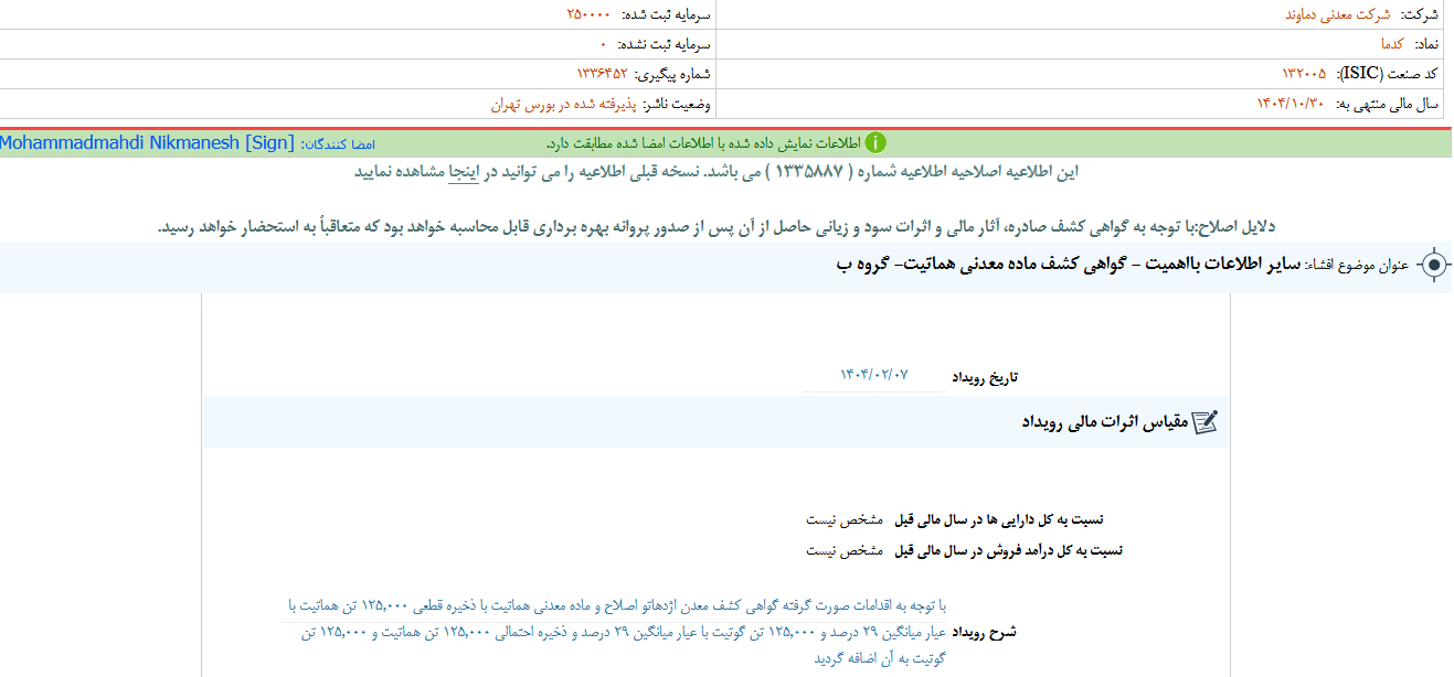 کدما گواهی کشف یک ماده معدنی را گرفت