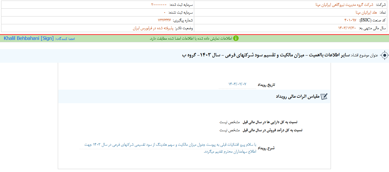 تعیین میزان مالکیت و تقسیم سود شرکتهای فرعی ومپنا