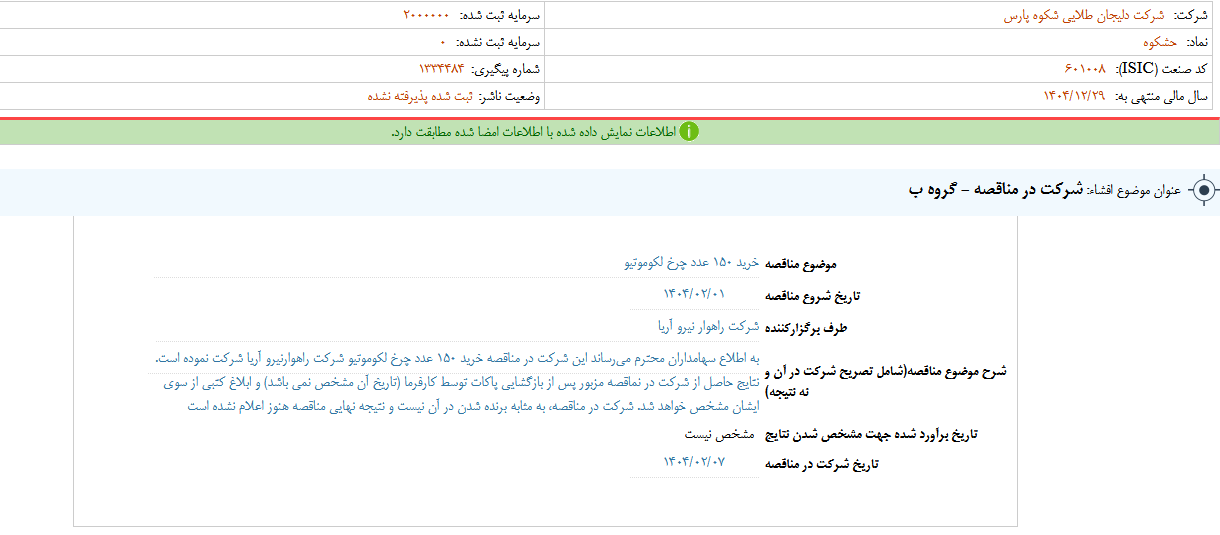 حشکوه در مناقصه شرکت می کند
