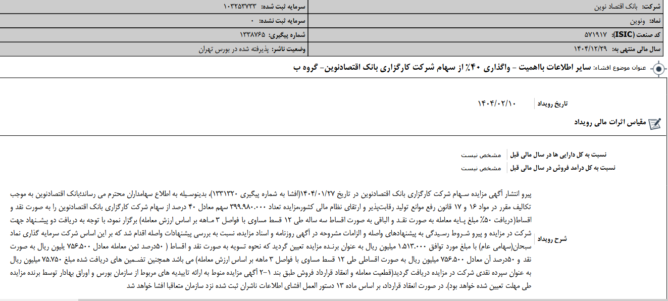 ونوین از واگذاری ۴۰درصدی سهام خبر داد