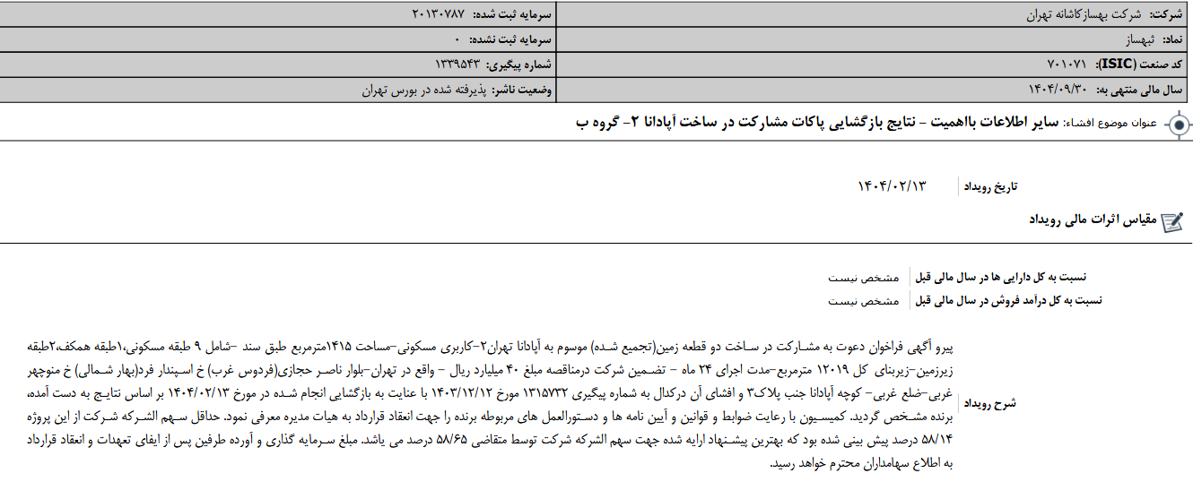 ثبهساز از نتایج مشارکت در ساخت آپادانا خبر داد