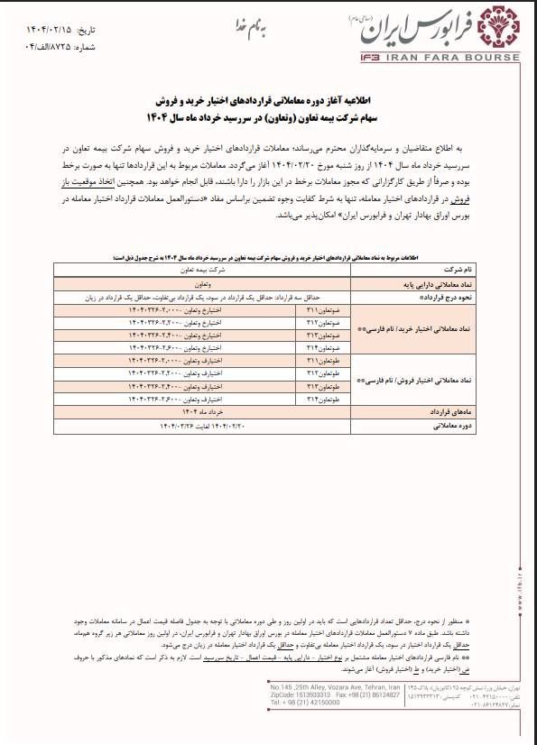 آغاز قراردادهای اختیار معامله وتعاون از ۲۰ اردیبهشت
