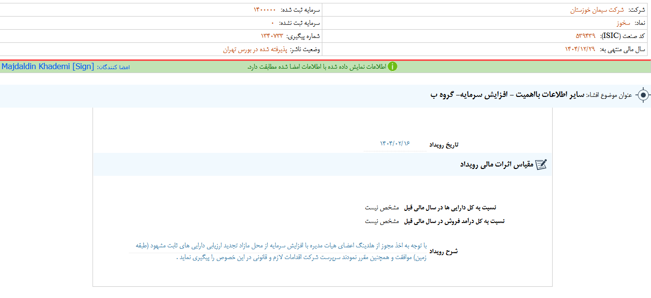توضیحات سخوز درباره افزایش سرمایه