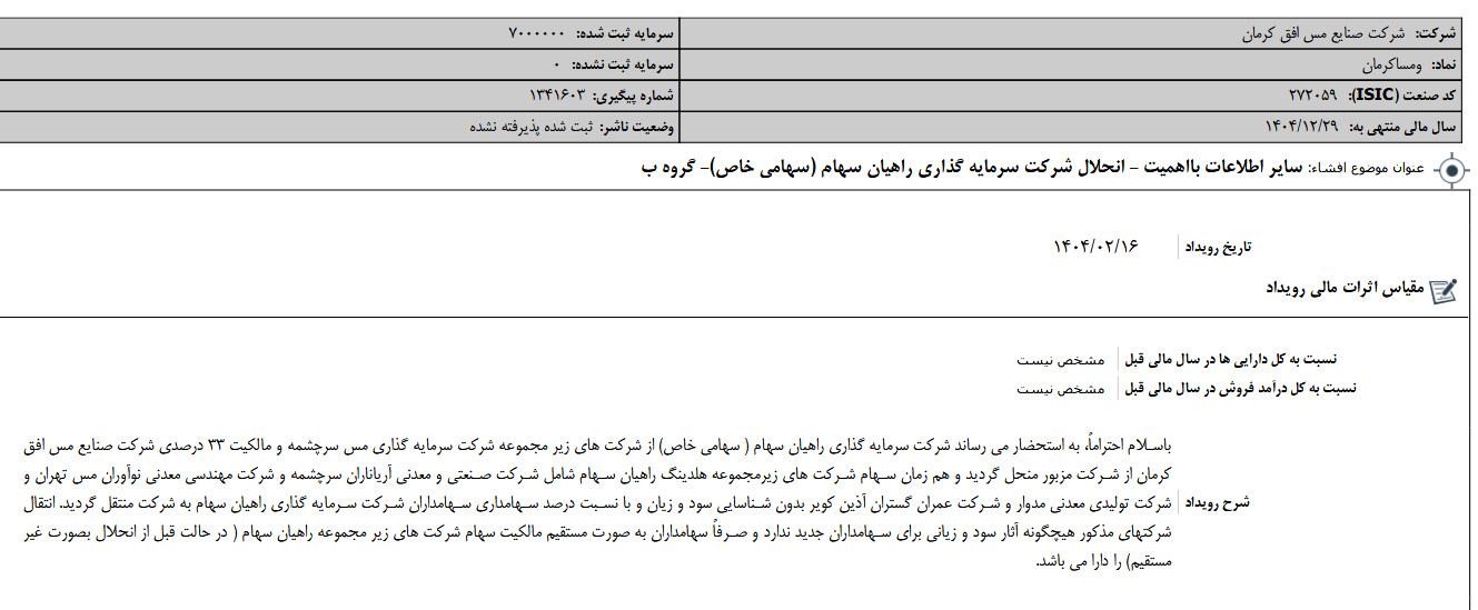 فافق از انحلال یک شرکت خبر داد