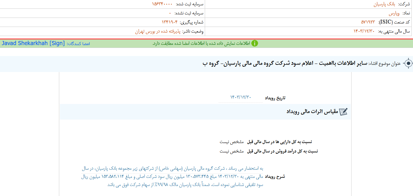 وپارس سود یک شرکت گروه مالی را اعلام کرد