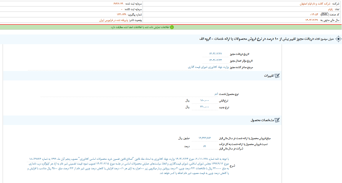 تغییر در نرخ فروش محصولات زقیام