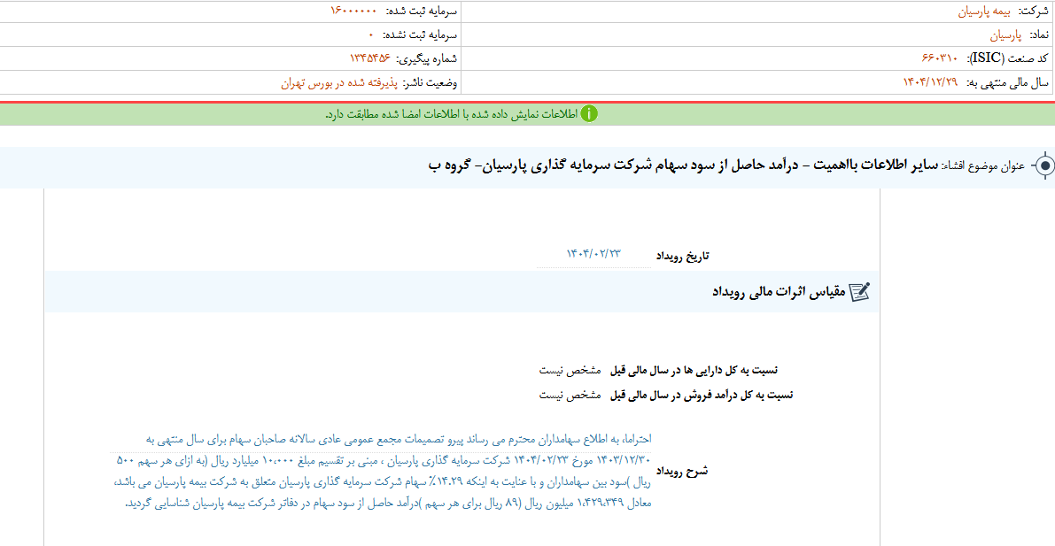 پارسیان درباره درآمد سود سهام یک شرکت توضیح داد