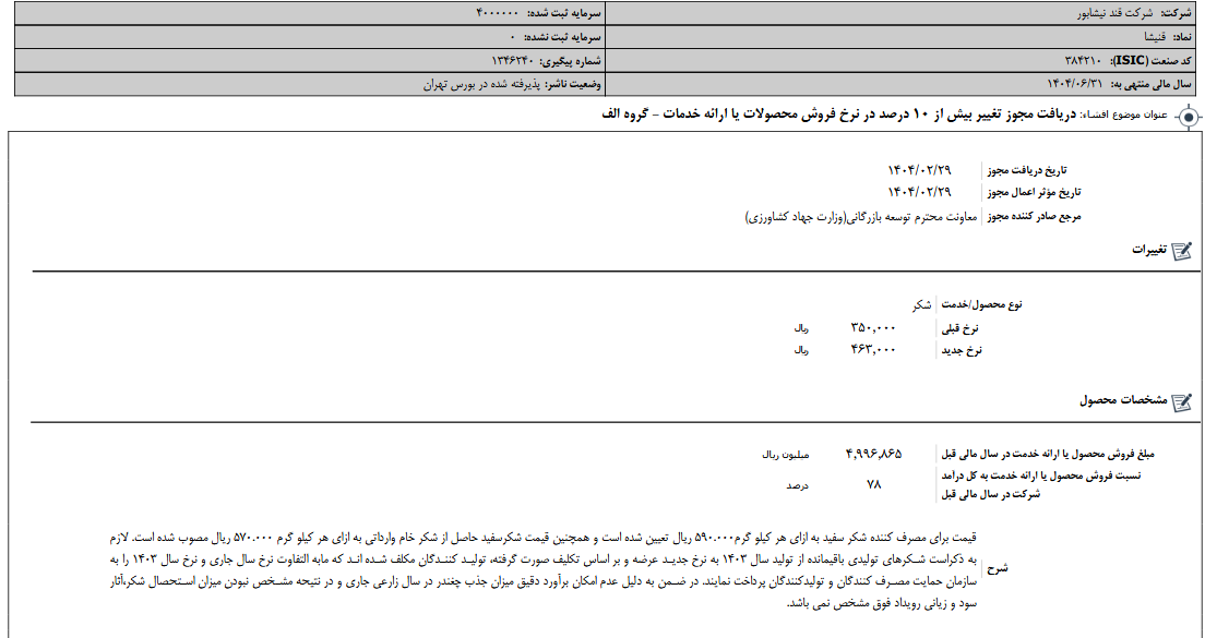 قنیشا نرخ جدید محصولات را اعلام کرد