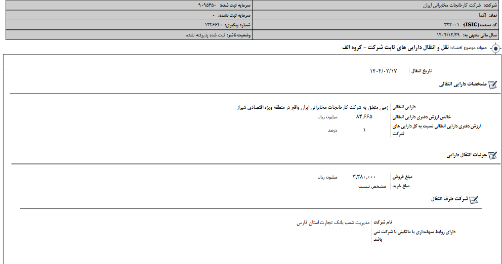 نقل و انتقال دارایی های ثابت لکما