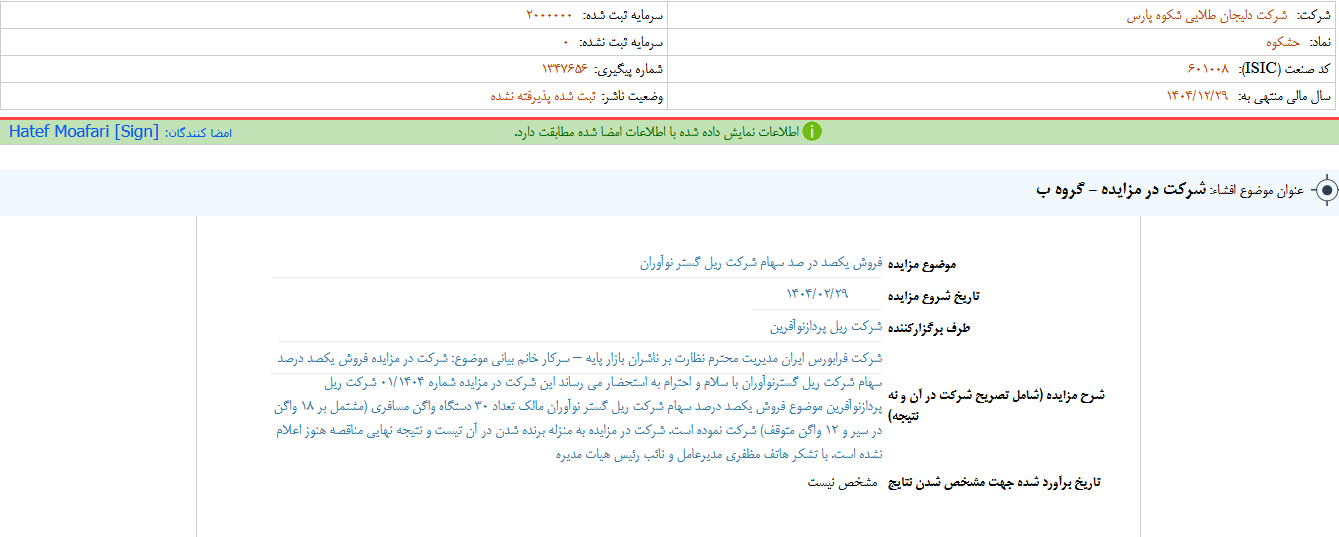 حشکوه در مزایده شرکت می کند