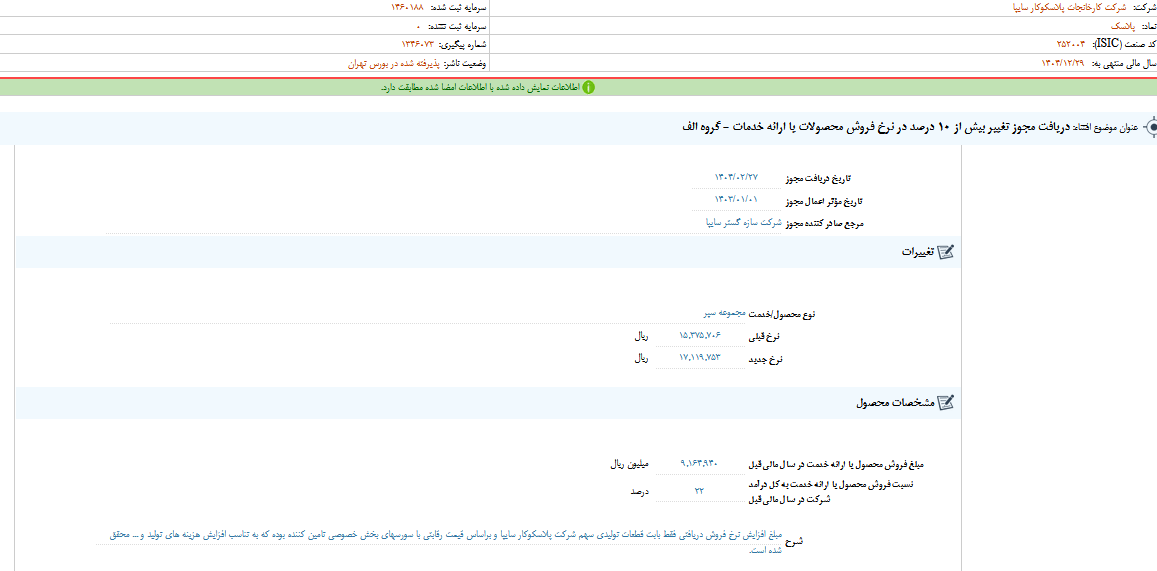 پلاسک مجوز تغییر نرخ فروش گرفت