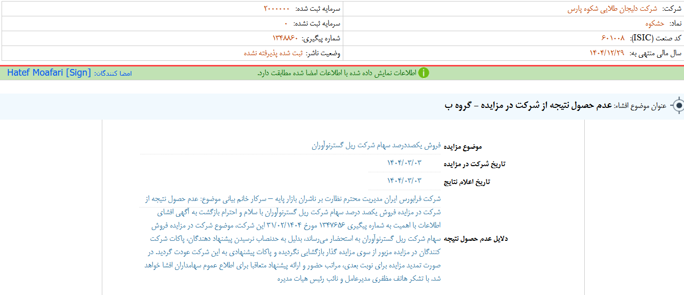 عدم حصول نتیجه از شرکت در مزایده حشکوه