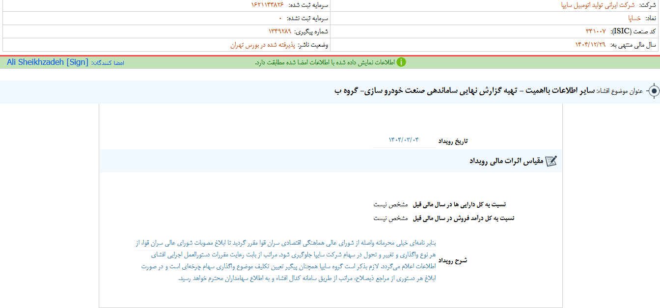 تهیه گزارش نهایی ساماندهی صنعت خودرو خساپا