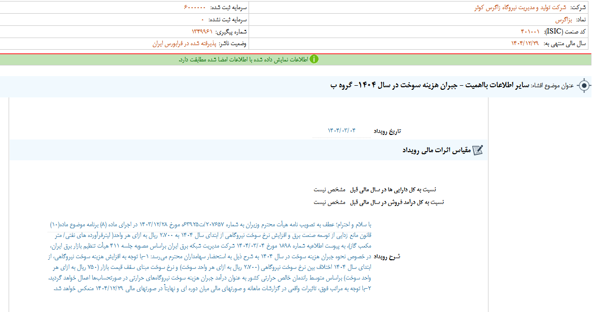توضیحات بزاگرس از جبران هزینه سوخت ۱۴۰۴