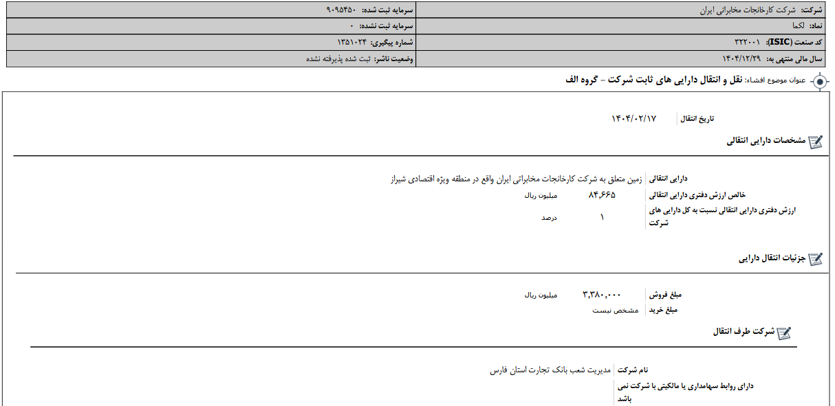 نقل و انتقال دارایی های ثابت لکما