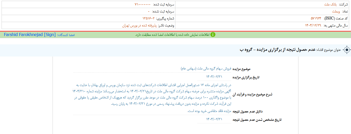 عدم حصول نتیجه از برگزاری مزایده وبملت