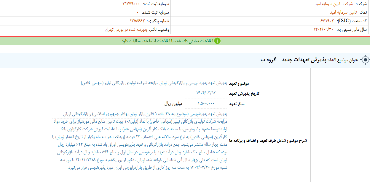 امید تعهد پذیره نویسی نیلپر را پذیرفت