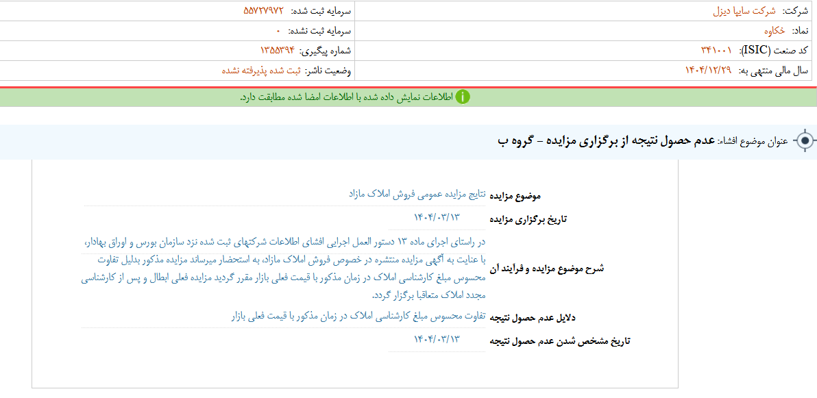 عدم حصول نتیجه از برگزاری مزایده خکاوه