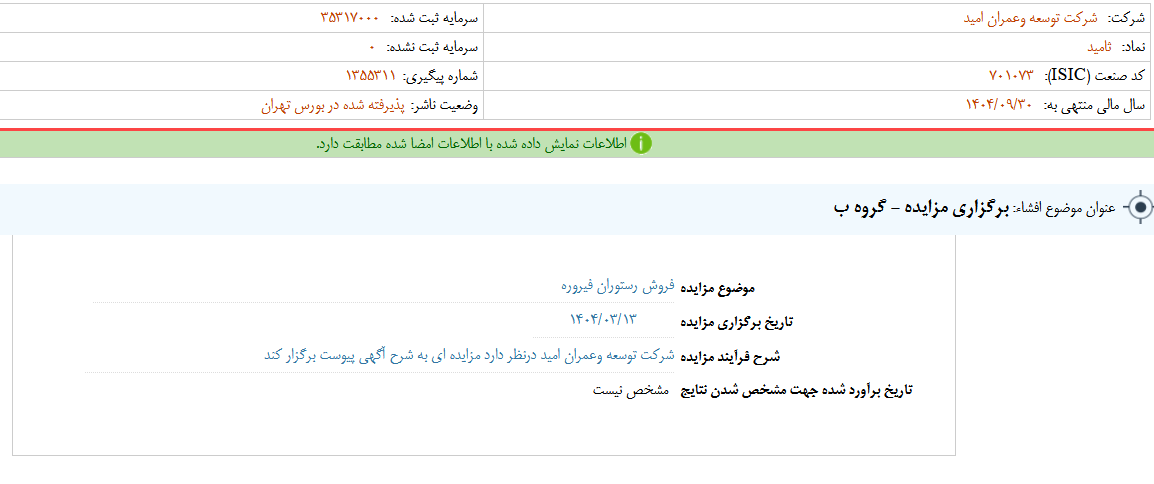 ثامید مزایده برگزار می کند