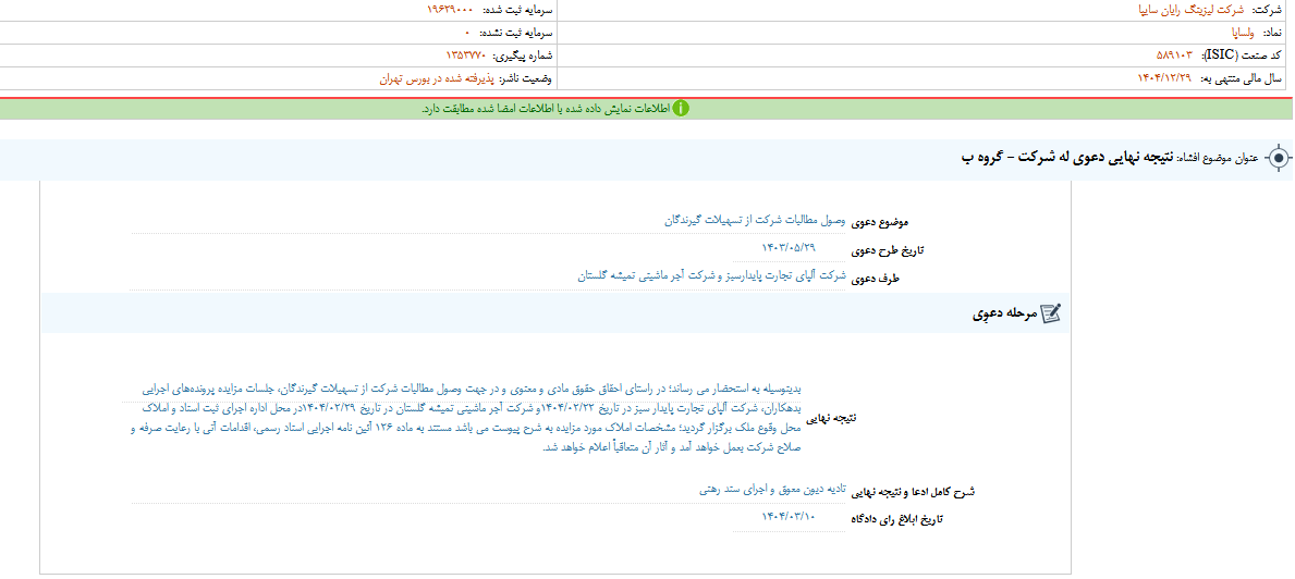 نتیجه نهایی دعوی له شرکت ولساپا