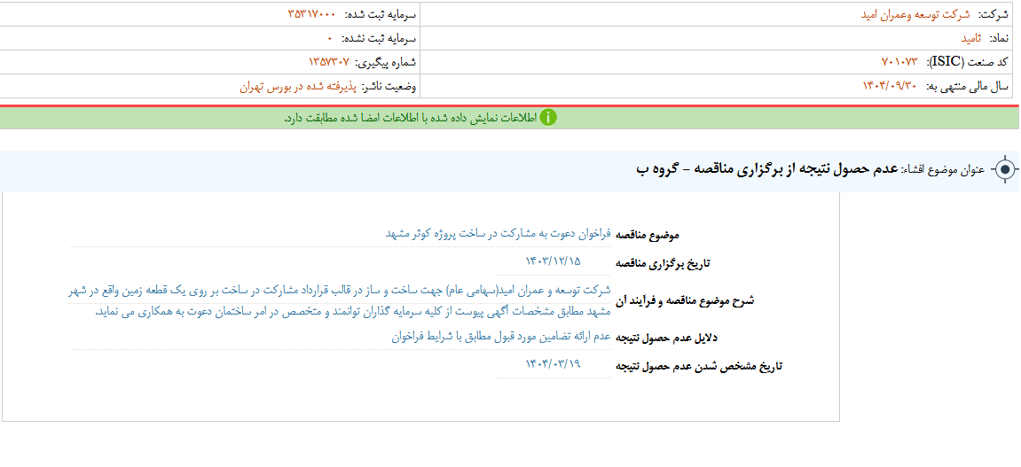 عدم حصول نتیجه از برگزاری مناقصه ثامید