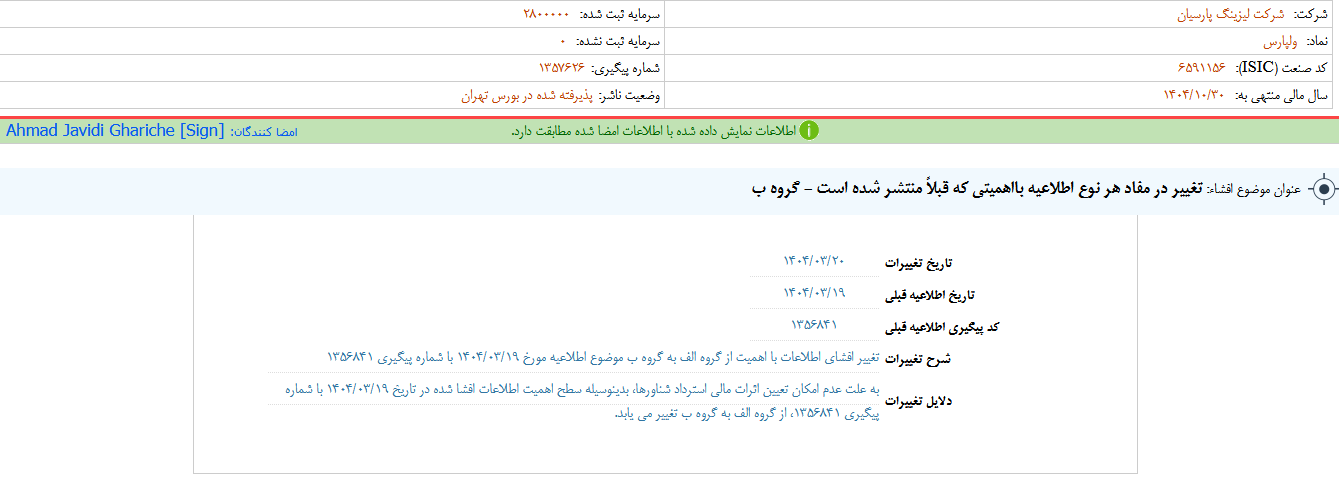 اطلاعات ولپارس تغییر کرد