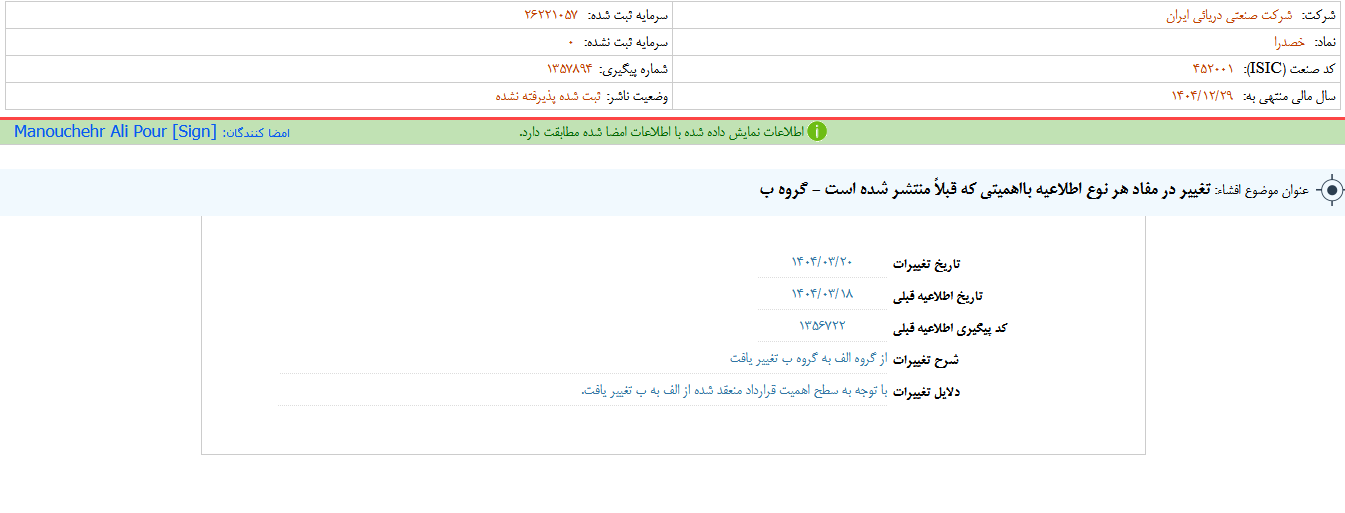 تغییر در مفاد هر نوع اطلاعیه خصدرا