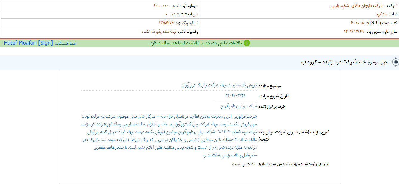 حشکوه در مزایده شرکت می کند