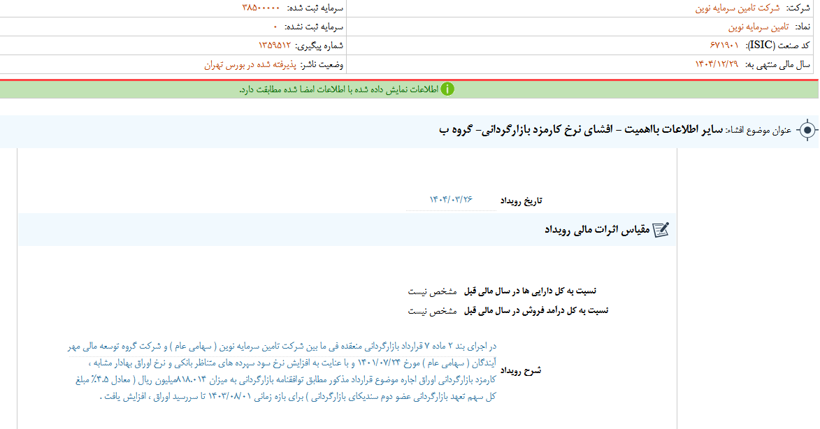 افشای نرخ کارمزد بازارگردانی تنوین