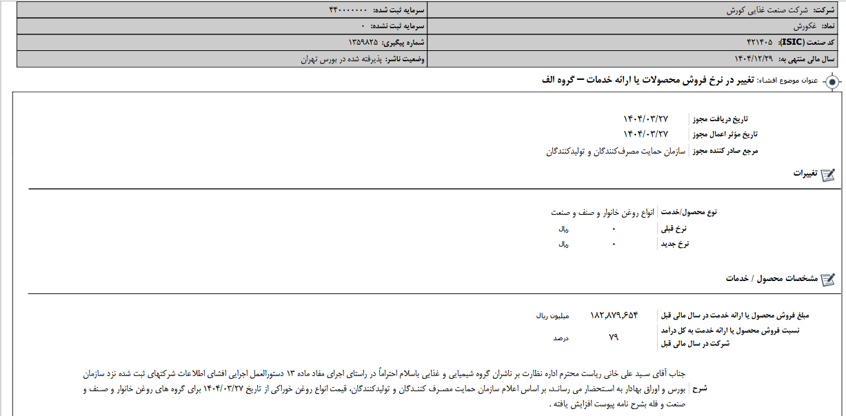 تغییر در نرخ فروش محصولات غکورش