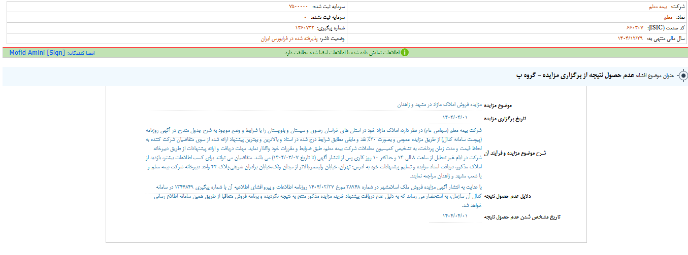 عدم حصول نتیجه از برگزاری مزایده ومعلم