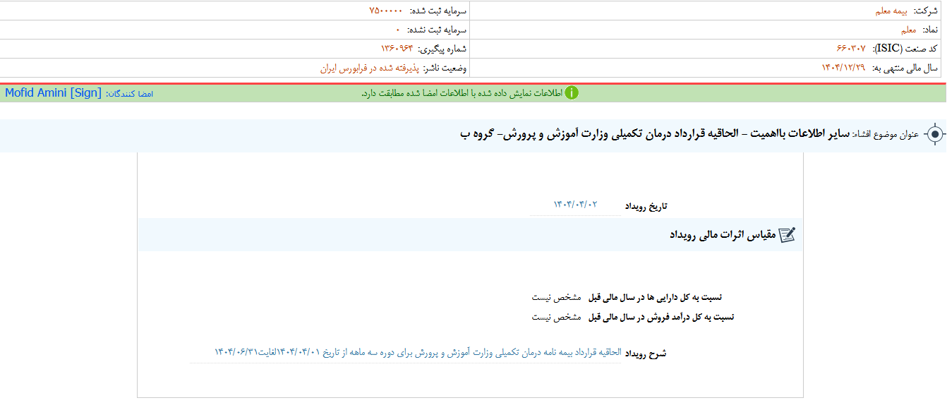 الحاقیه قرارداد درمان تکمیلی آموزش و پرورش ومعلم